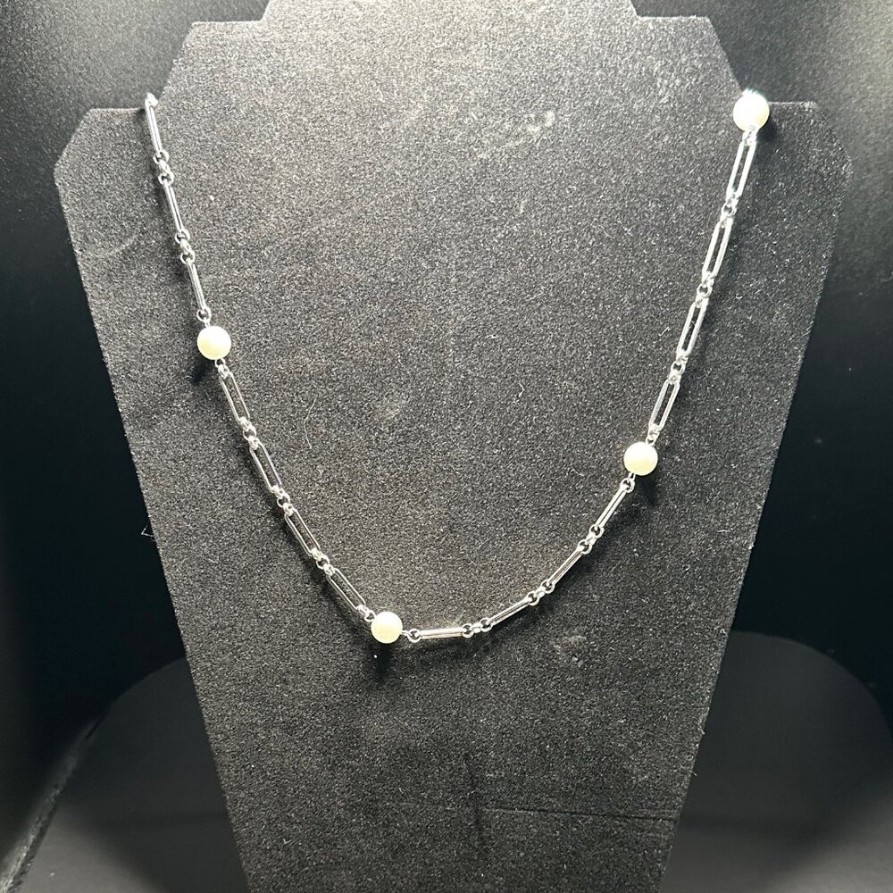 Faux Pearl 18K Silver Plated Paperclip Necklace - NIB